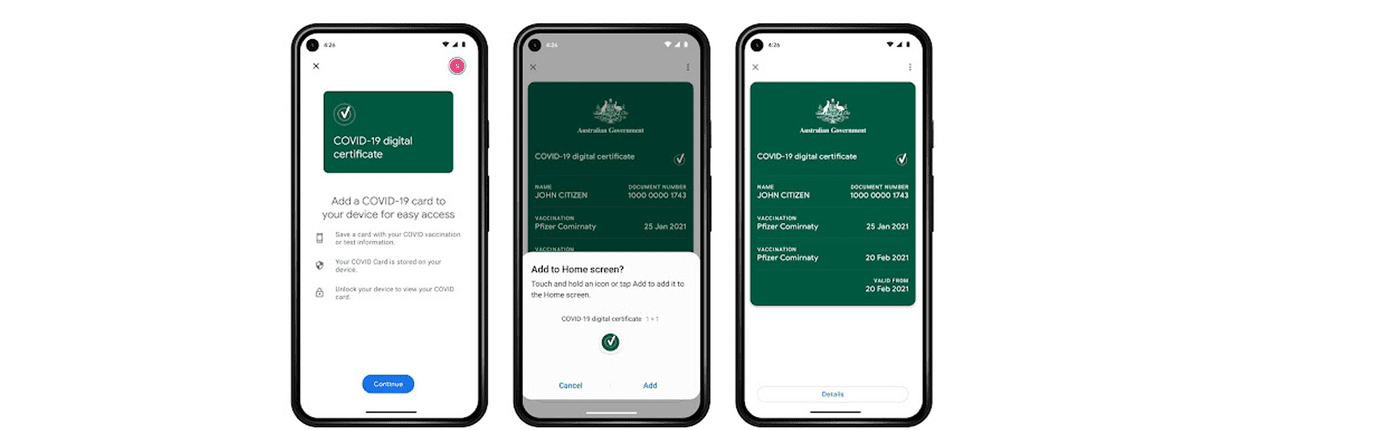 A series of three smartphones displaying the process of adding a COVID-19 digital certificate. The screens guide the user through the steps, from the initial prompt to save the certificate to the details of the vaccination record.