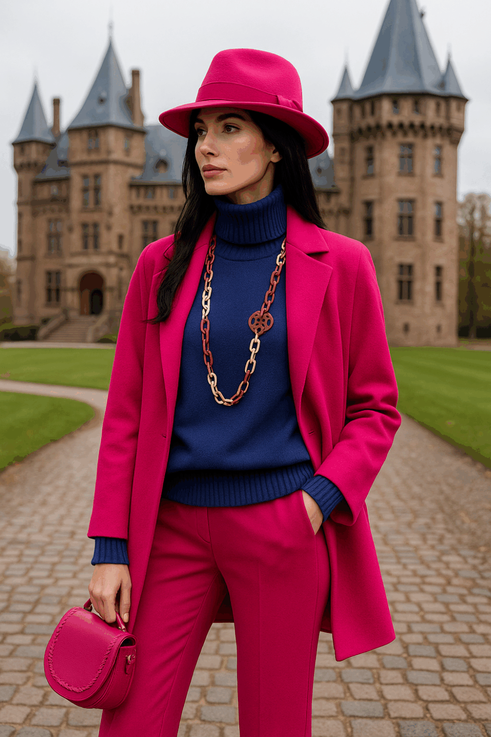 Vrouw In Fuchsia Voor Kasteel